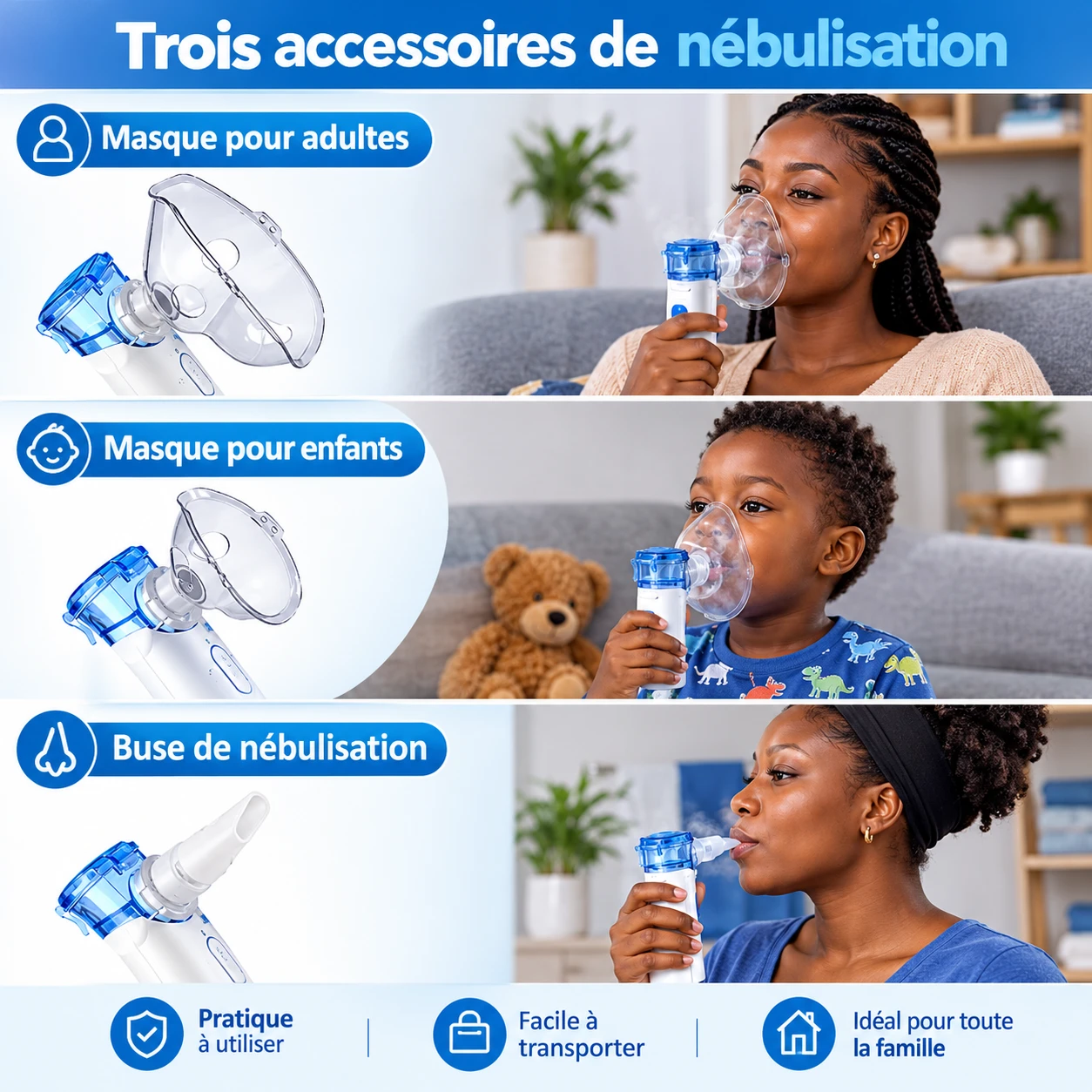 Les trois accessoires de nébulisation : masque adulte, masque enfant et buse