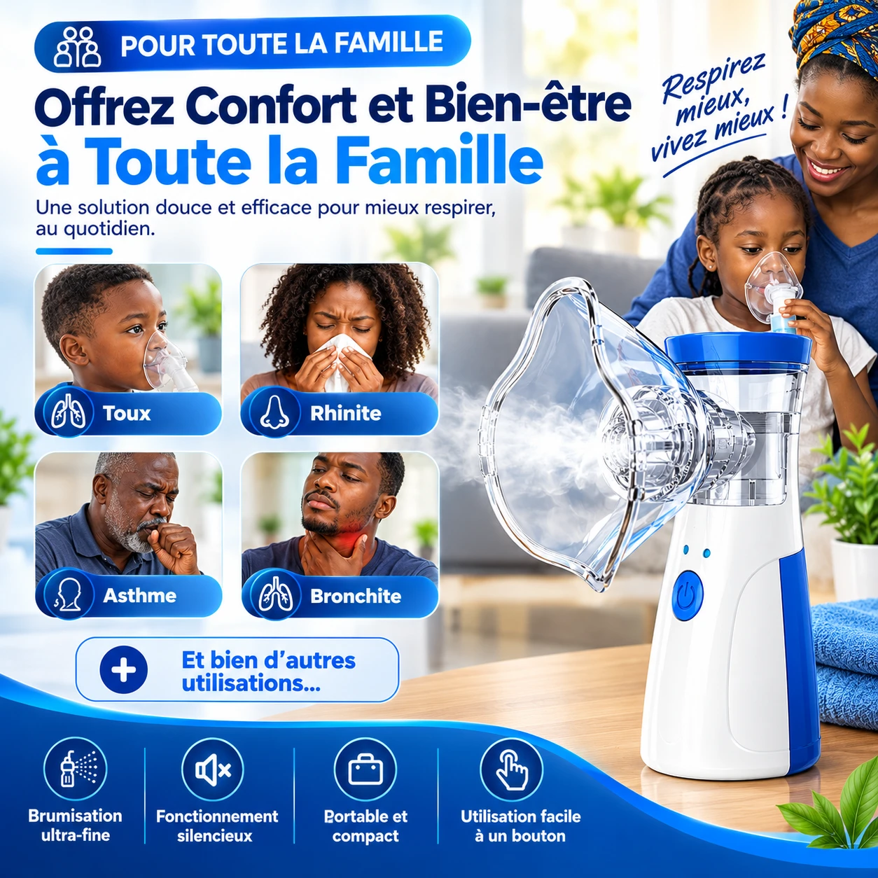 Enfant utilisant le nébuliseur avec un masque, accompagné d'un parent