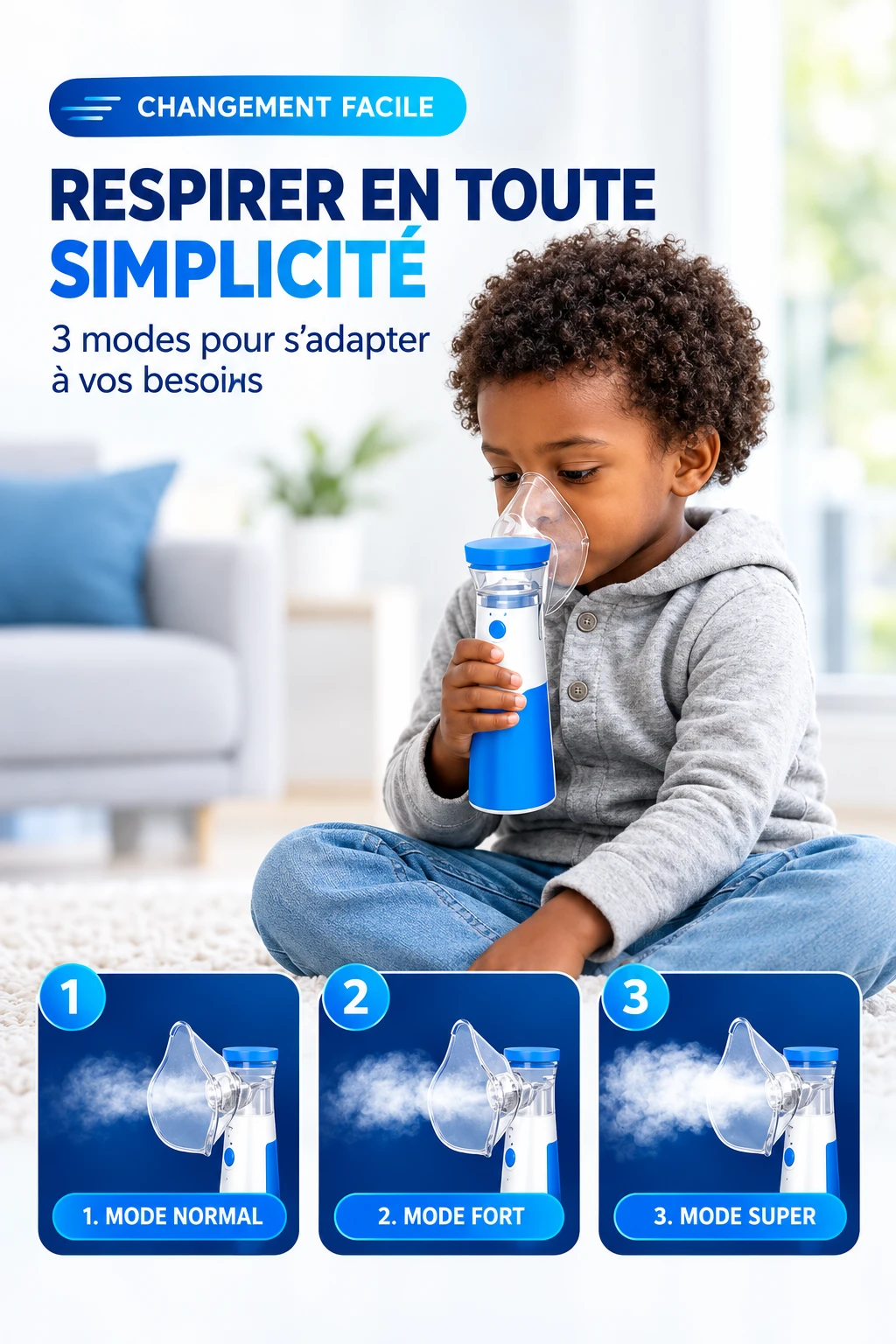 Enfant utilisant le nébuliseur ; trois modes : normal, fort et super