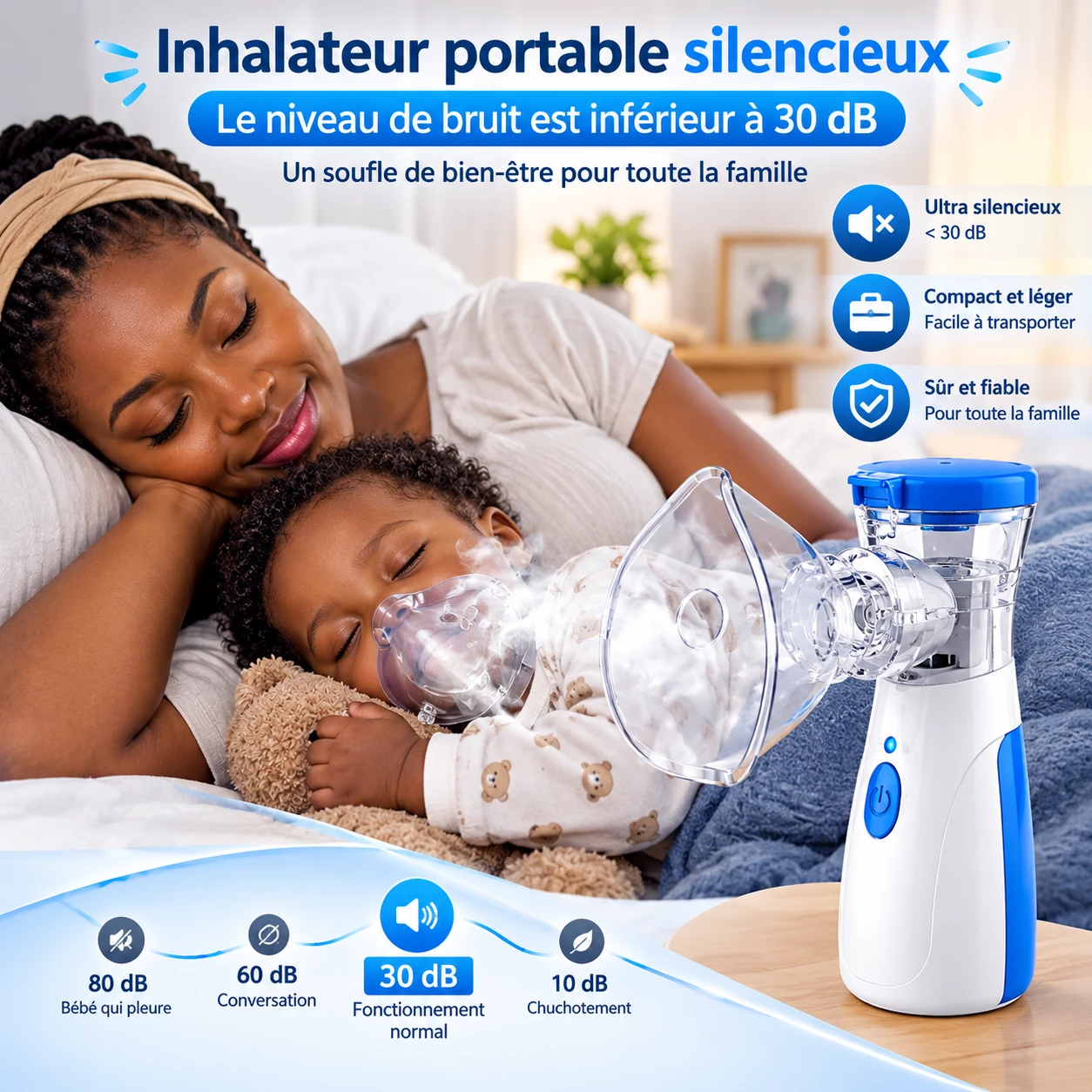 Parent et enfant endormi pendant une séance : un nébuliseur au fonctionnement silencieux